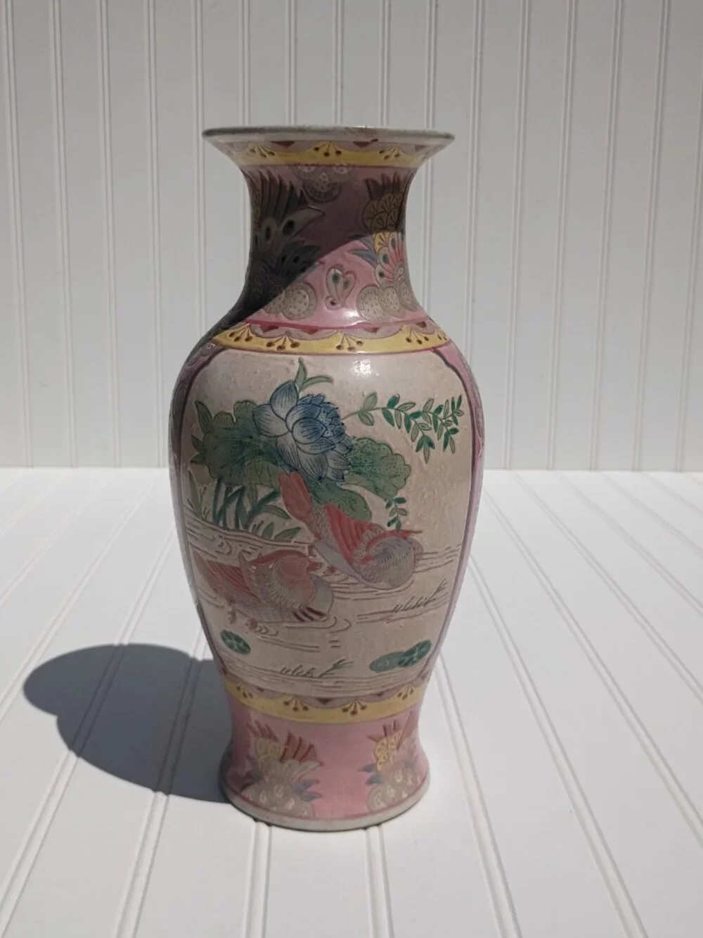 Vintage Pink Porcelain Vase Famille Rose Mandarin Ducks Lotus Flowers Chinese